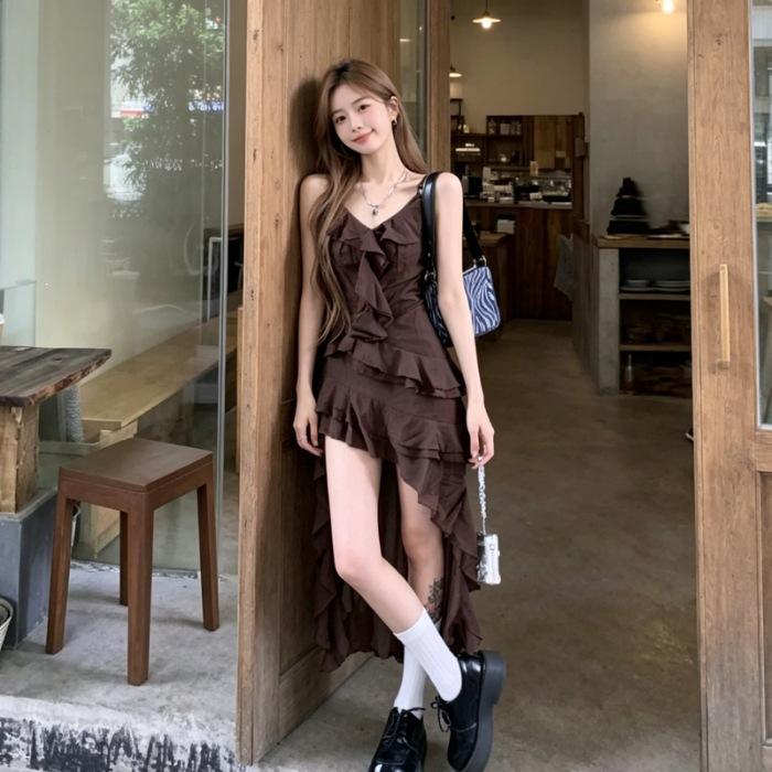 2026 new summer vacation wind irregular ruffle edge small suspender skirt top women s irregular hem ruffle tide S