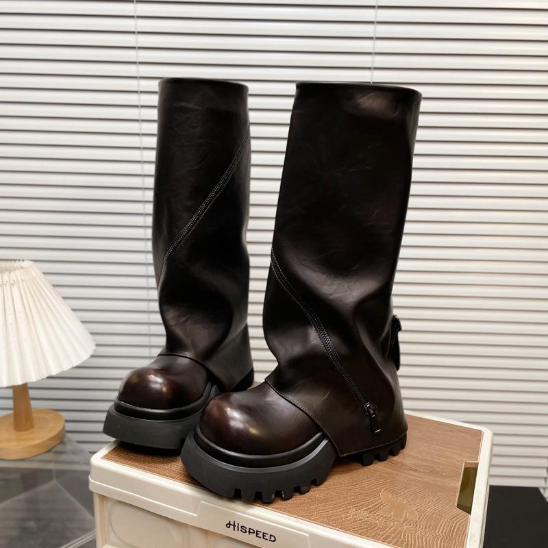 

Европейские большеголовые ботинки-маффины на платформе с молнией, ботинки-локомотивы, нишевые Spice Girls, брюки, высокие ботинки, маленькая женская обувь 40 коричневый