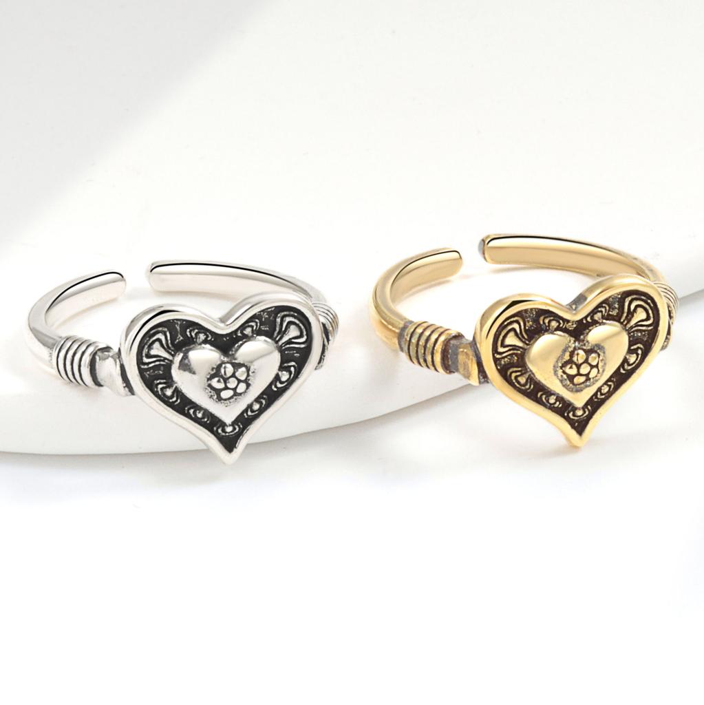 Vintage Distressed Embossed Heart Open Ring For Women Unique High End Versatile Personality Jewelry Fashion Accessory