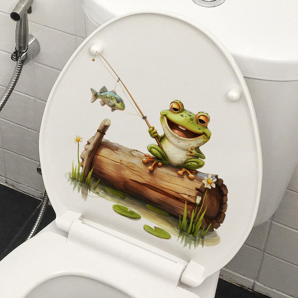 Cartoon Fishing Frog Toilet Sticker Fresh Cute Bathroom Self Adhesive Removable Decor