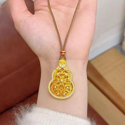 Chinese Style Rhinestone Gourd Pendant Necklace with Mantra and Buddha Charm