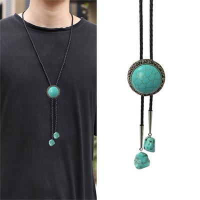Vintage Turquoise Stone Cowboy Hat Bolo Tie Western Punk Faux Leather Rope Necktie Jewelry Shirt Chain Necklace for Mens