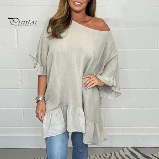 

Женская летняя рубашка с наклонным воротником, рукавом 3/4, свободная блузка, однотонная рубашка с рюшами и нерегулярным подолом L темно-серого