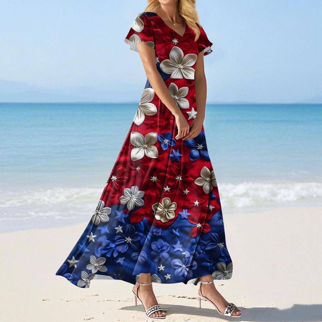 FashWomen's Loose Casual V-Neck Short Sleeved High Waisted Print Dress
