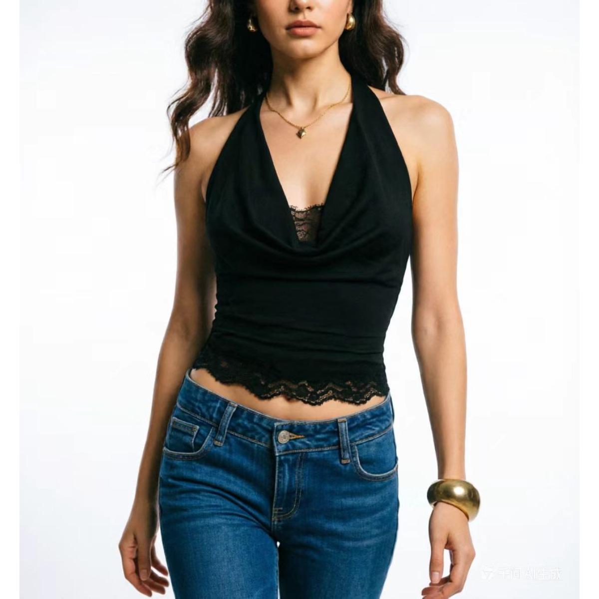 Women s Halter Sleeveless Cowl Neck Tank Top Slim Fit Streetwear Lace Patchwork Crop Camisole For Daily Outfits XS чёрный