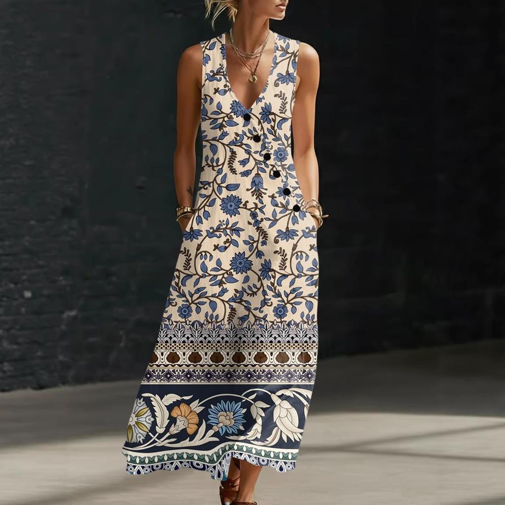 Sleeveless V Neck Floral Print Maxi Dress for Women Casual Bohemian Style Summer Long Sundress with Pockets