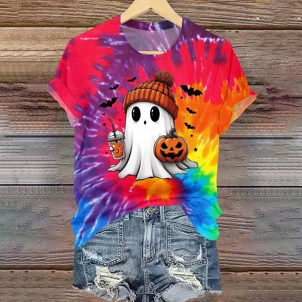 Ladies' Casual Halloween Printed Round Neck Short Sleeved T-Shirt