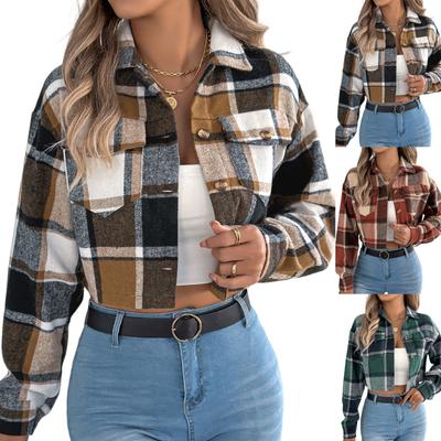 Women's Contrasting Plaid Long Sleeved Woolen Short Jacket Jacket