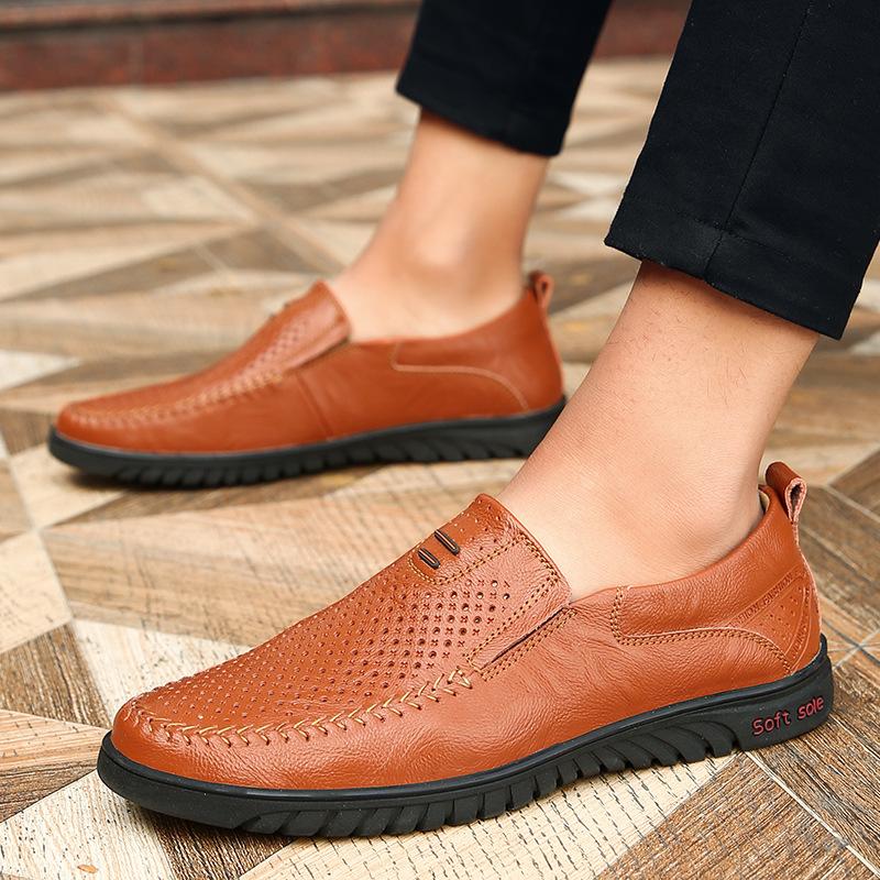 Hollow Out Bean Shoes Men's Breathable Casual Leather Shoes, Hand Punched Oversized Men's Shoes Trend