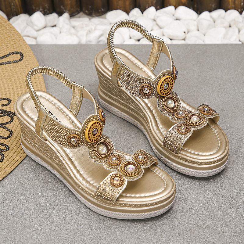 Fashion Fashion Crystals Wedges Heel Sandals Women Summer Chunky Platform Bohemian Sandalias Mujer Slip On High Heels Sandles Female 43