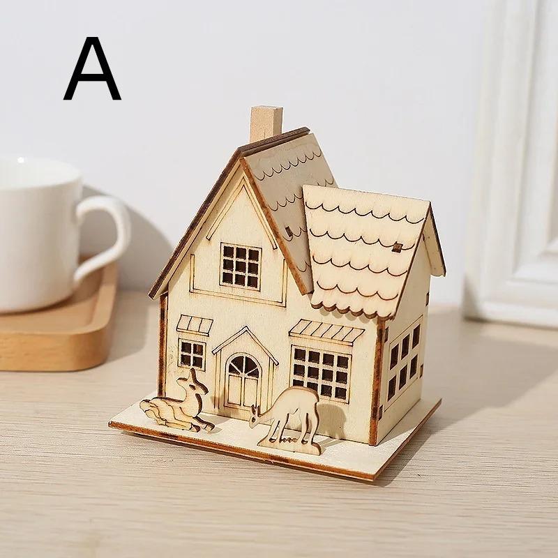 LED Wooden Christmas House Village Decorations Unfinished Wood Xmas House DIY Ornaments Christmas Table Centerpieces