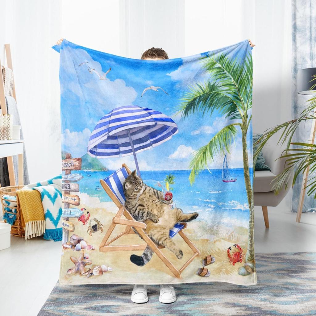 Cat on Beach Vacation Throw Blanket Tropical Paradise Design with Palm Tree and Umbrella for Living Room Decor Gift for Her