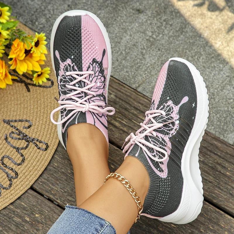 Fashion Fashion Butterfly Print Women's Sports Shoes Summer Mesh Breathable Knitted Sneakers Woman Plus Size Mix Color Platform Sneakers