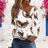 Women Plus Size Asymmetric Cutout Neck Cold Shoulder Long Sleeve Leopard Moth Print White Fitted Top