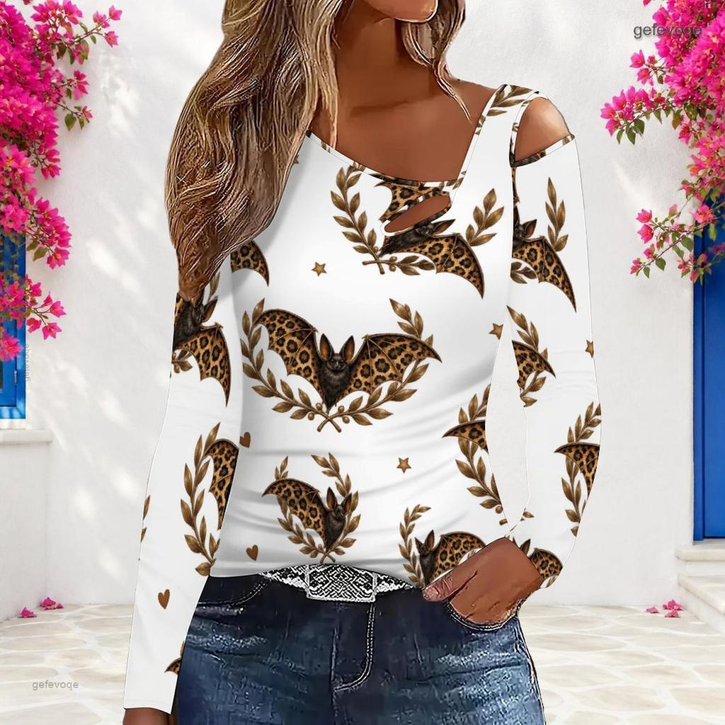 Women Plus Size Asymmetric Cutout Neck Cold Shoulder Long Sleeve Leopard Moth Print White Fitted Top