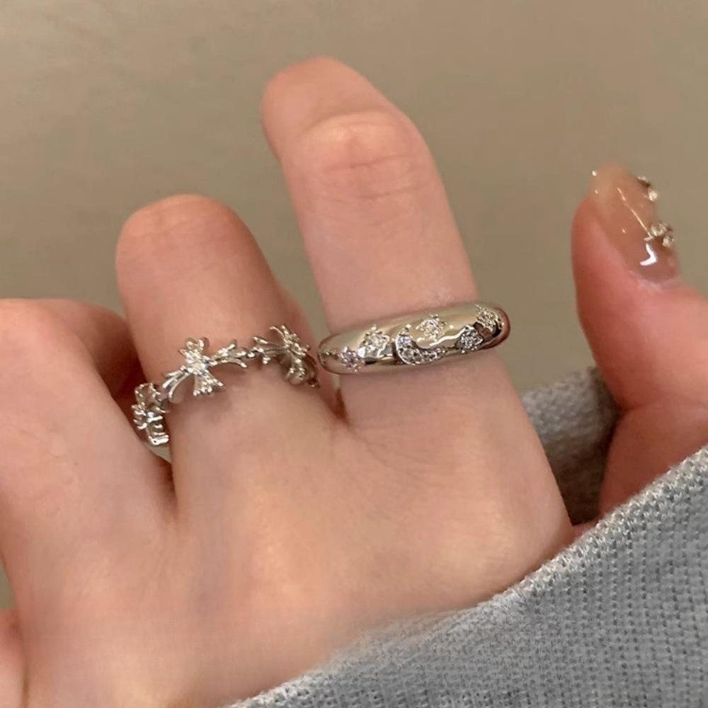 Cold Wind Silver Zircon Cross Ring Niche Design Ins Light Luxury Index Finger Ring Personalized Open Ring