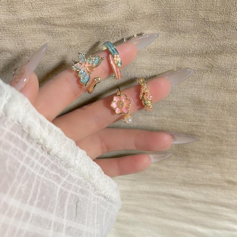 Gold Enamel Oil Drop Butterfly Open Ring Niche Design Flower Color Personality Ring Female