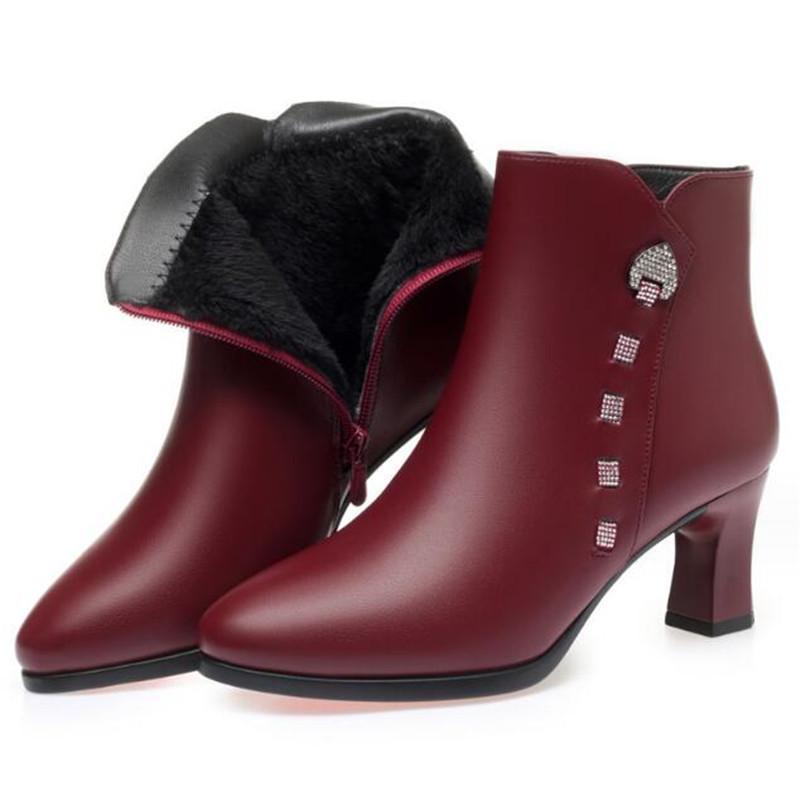 Fashion Winter Women Genuine Leather Ankle Boots Female Thick Plush Warm Snow Boots Mother Non-slip Booties Women High Heel Shoe