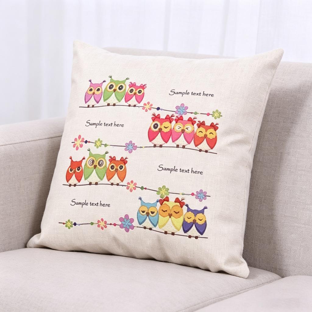 Cute Owl Family Throw Pillow Cover, Colorful Cartoon Linen Cushion Cover for Kids & Nursery Decor