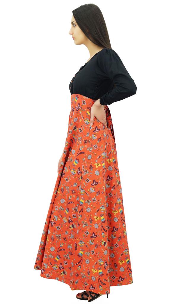 Bimba Women's Full-Sleeve Floral Round Neck Long Dress Boho Gothic Maxi
