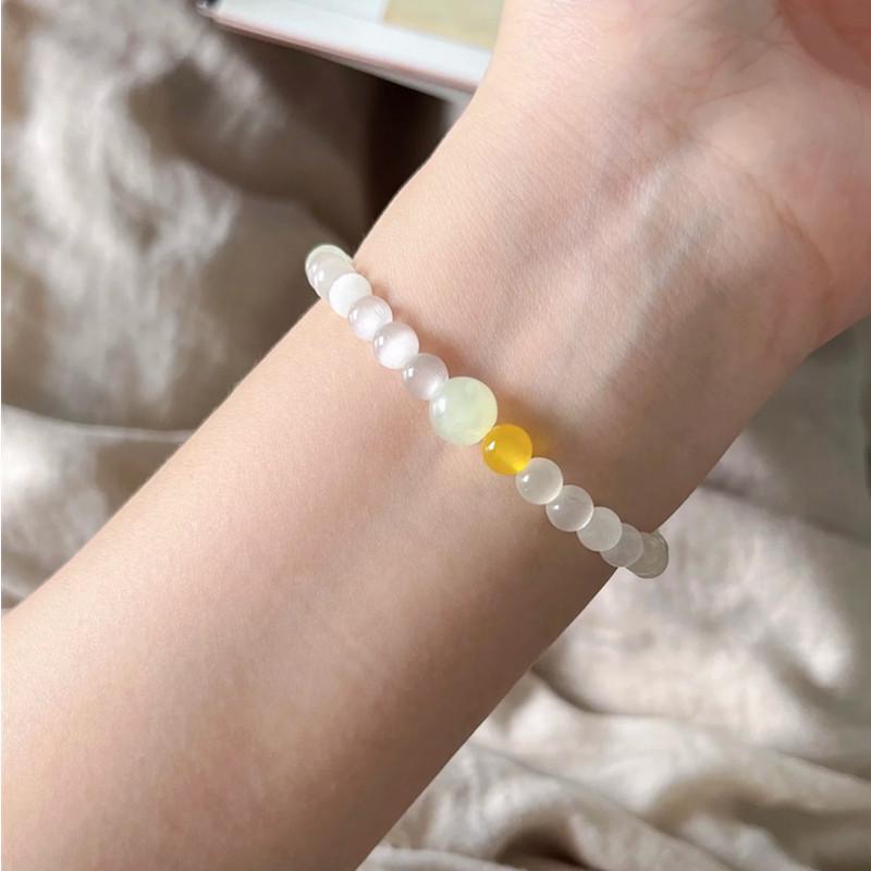 Women's Prehnite Bracelet with White Cat's Eye Stone & Yellow Agate - Simple, Versatile National Style Crystal Jewelry