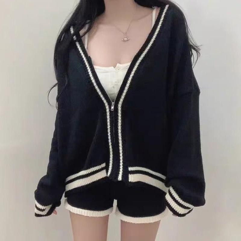 Cárdigan de Punto Holgado de Moda con Cuello en V y Cremallera, Suéter, Shorts Casuales de Cintura Alta, Conjunto de Dos Piezas, Ropa Elegante y Sencilla para Otoño Invierno