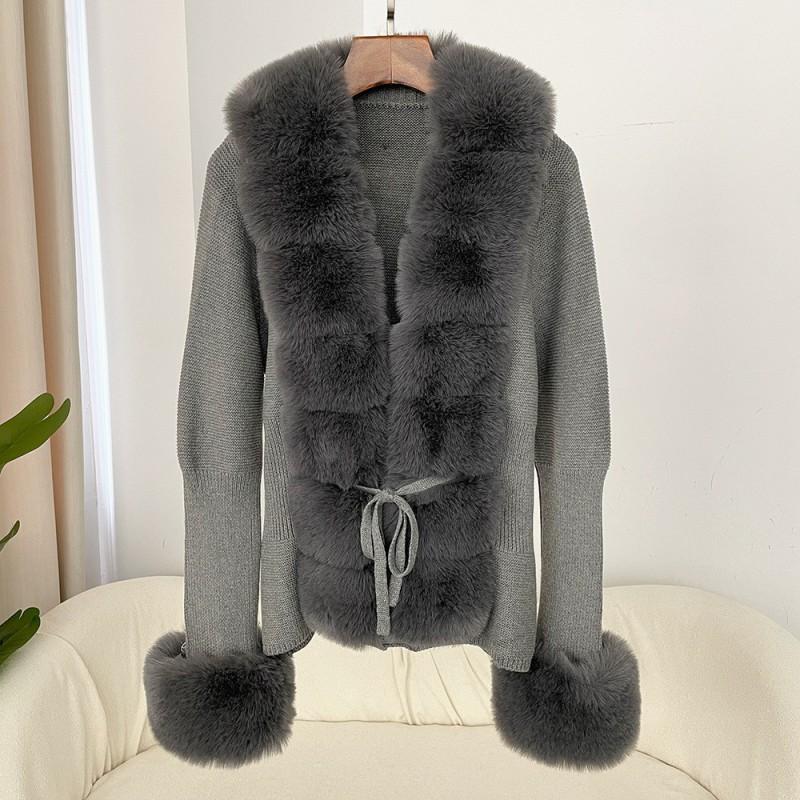 Damen Strickjacke mit Kunstfuchsfellkragen Kurzer Warmer Wollmischungs Pullover Büro Chic