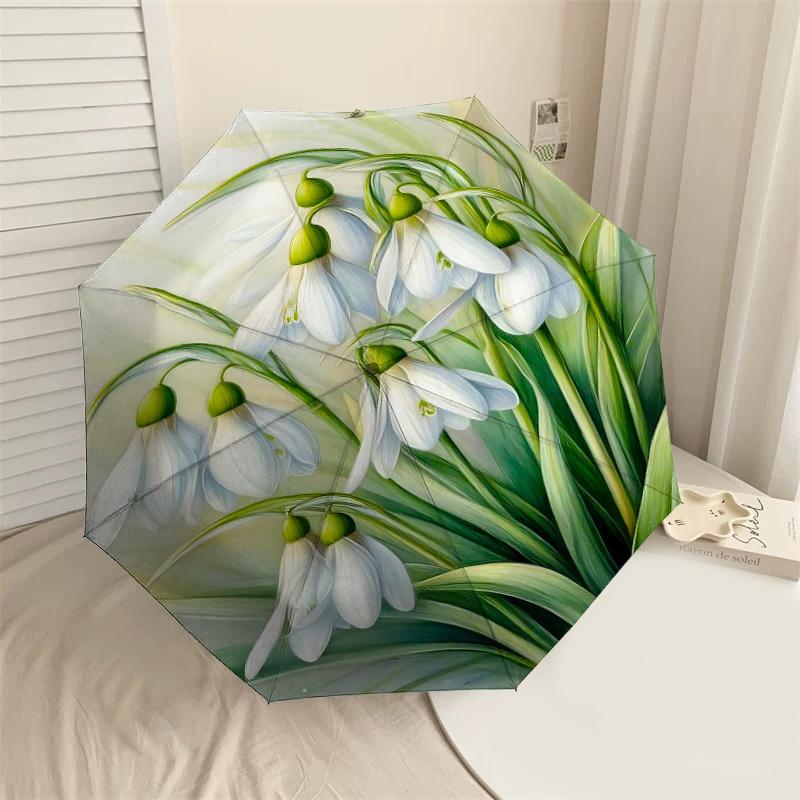 

1PC Snowdrops Flowers Umbrella-8-Rib Reinforced Portable Folding Travel Suitable for All Seasons Outdoor Daily Use-G379