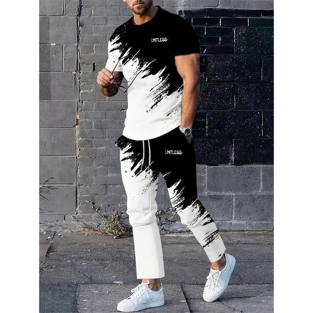 New Summer Men's Sports Suit Men's Round Neck Splicing Printed Short-sleeved T-shirt Loose Pants Two-piece Set Streetwear