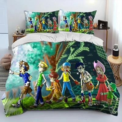 Luxuriöses neues 3D-gedrucktes Anime-Digimon-Adventure-Monster-Bettwäscheset, bestehend aus Bettbezug, Kissenbezug und Queensize-Bettbezug für Jungen und Erwachsene.