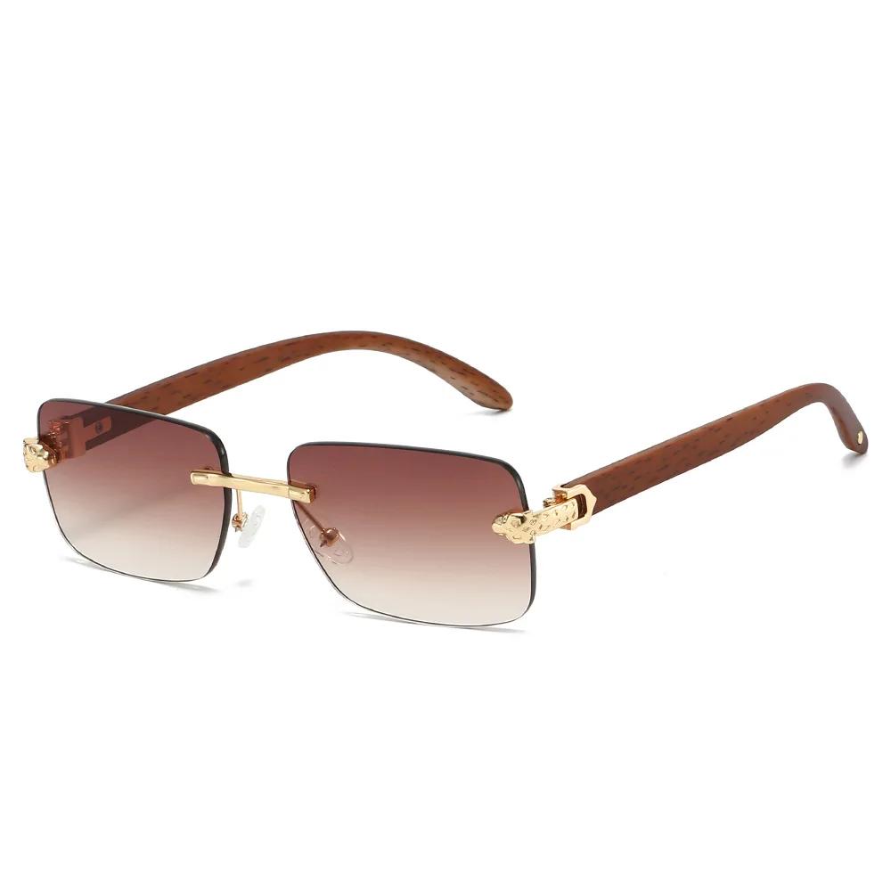 Rimless Square Sunglasses Women For Men Vintage Sun Glasses Punk Leopard Head Luxury Brand Designer Wooden Grain Shades Uv400
