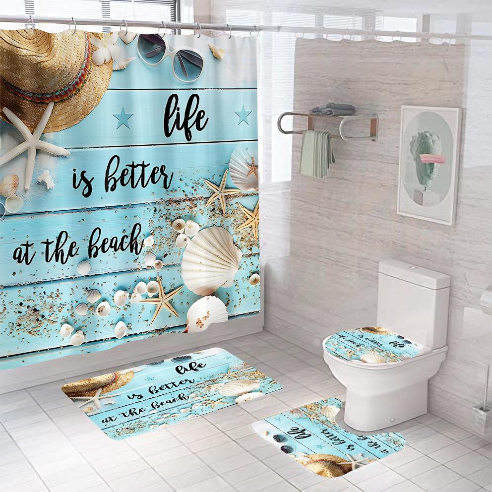 Bathroom Shower Curtain Four-piece Digital Printing Beach Shell Waterproof Shower Curtain Shower Curtain Partition Curtain Bath Mat