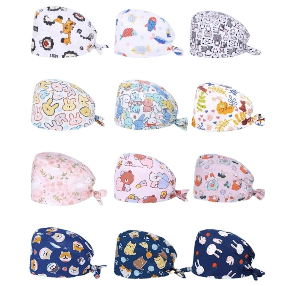 Unisex Cartoon Printing Scrub Cap Adjustable Buckle Print Design Lab Scrub Hat Breathable Soft Pure Healthcare Hats Pet Hospital