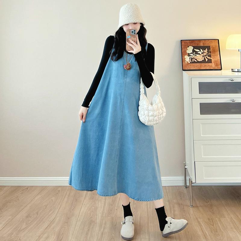 Spring 2026 Plus Size Maternity Two-Piece Set: Denim Tank Dress & Base Layer Shirt Double Extra Large (2XL)