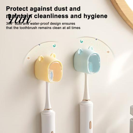 Space Saving Toothbrush Case Cute Bear Wall Mounted Holder with Dustproof Flip Cover, Single Hygienic Brush Protector Dispenser Storage Organizer,