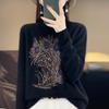 Women's Autumn Rhinestone Semi-High Neck Knitted Pullover Sweater - Loose, Slimming, Fashionable