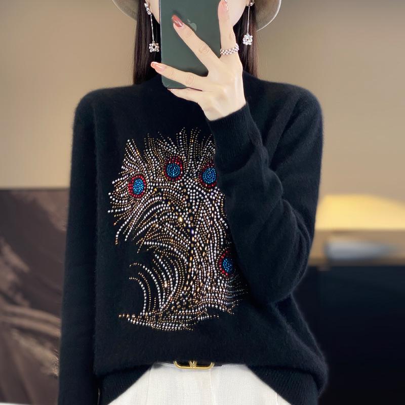 Women's Autumn Rhinestone Semi-High Neck Knitted Pullover Sweater - Loose, Slimming, Fashionable