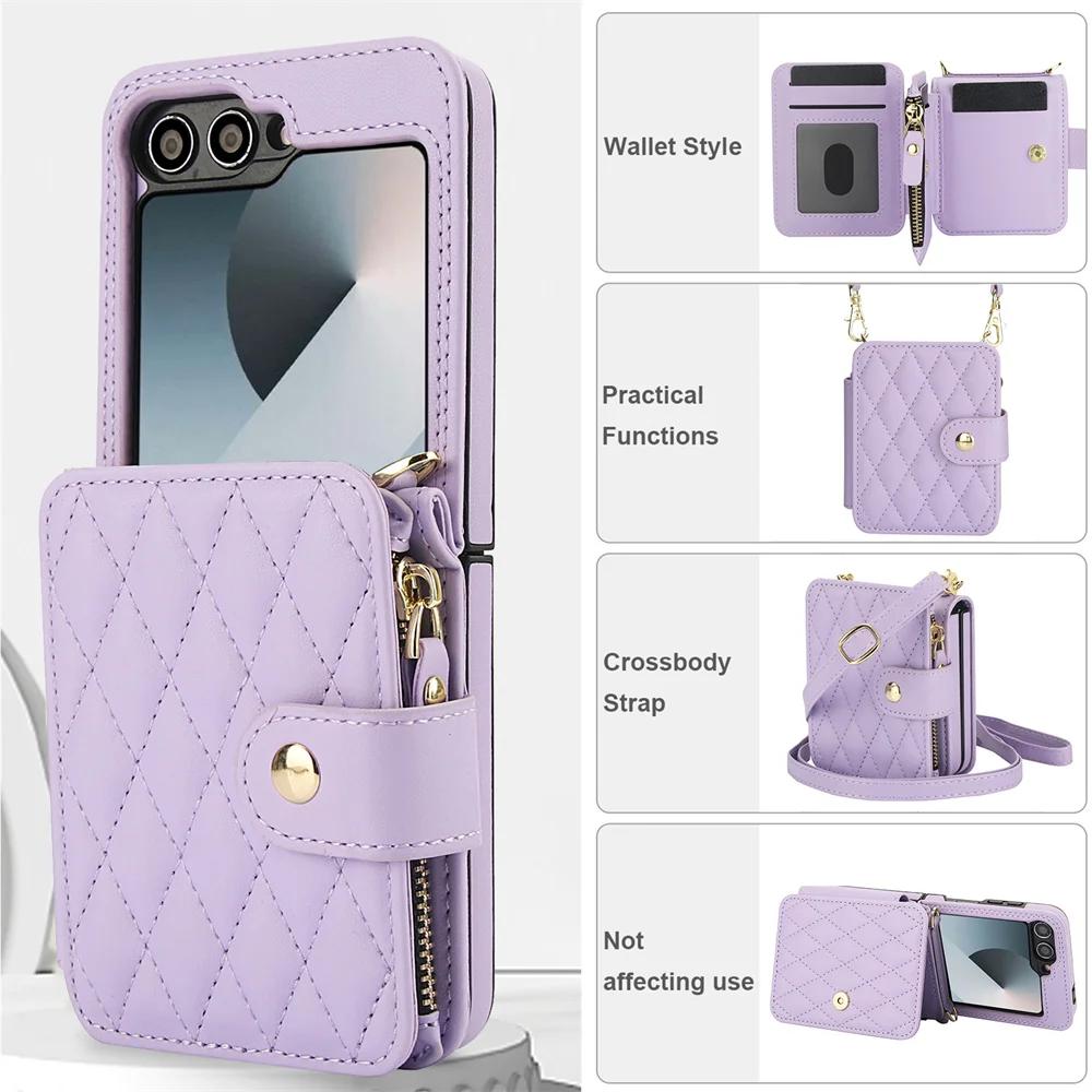 Crossbody Wrist Strap Wallet with Card Holder Phone Case for Samsung Galaxy Z Flip 6 5 4 3 Flip6 Flip5 Flip4 Flip3 Leather Cover