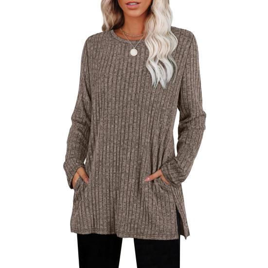 

Women Tunic Tops Round Neck Long Sleeve Knit Tops with Side Pockets Solid Color Casual Striped Blouse XL
