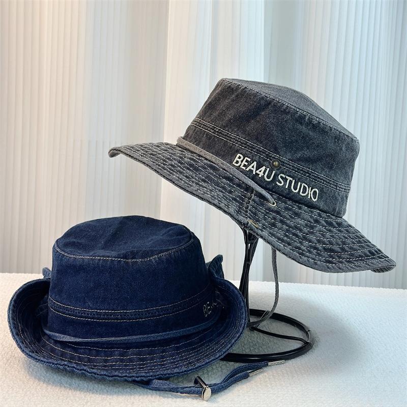 Women Denim Bucket Hat Solid Color Summer Sun Protection Hat Wide Brim Fisherman Cap for Outdoor Travel Beach