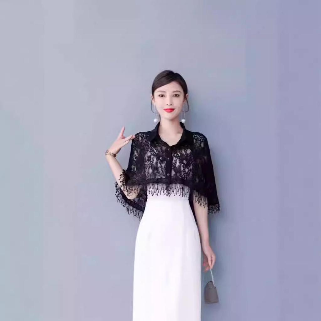 2024 Frühling Retro Chinesischer Schal für Damen - Eleganter Cheongsam-Kragen, Spitze-Satin-Spleiß, Sonnenschutz, Ideal zu Rock - Weiß