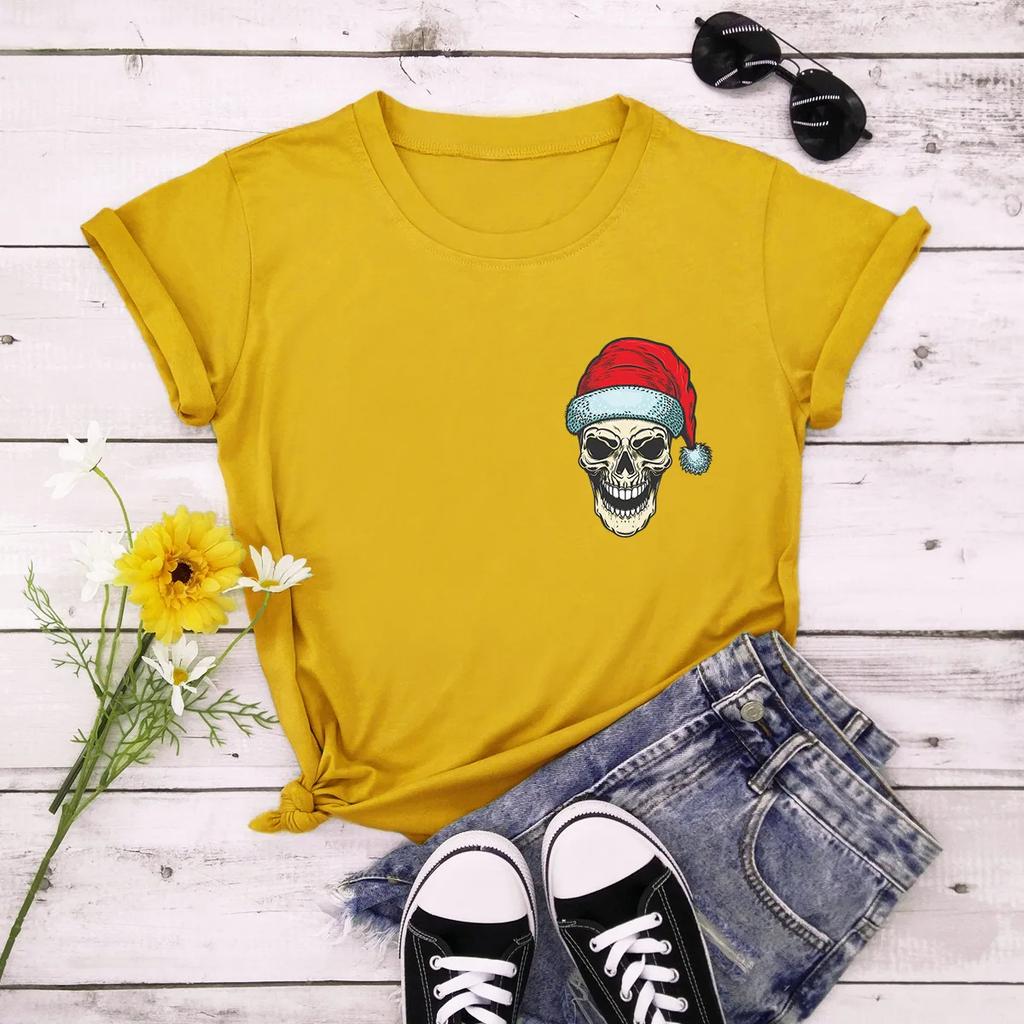 Funny Christmas Skull Head Print T Shirt Women Short Sleeve O Neck Loose Tshirt Women Causal Tee Shirt Tops Camisetas Mujer