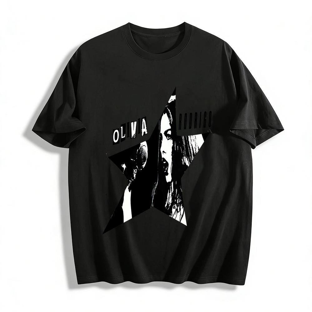 Olivia Rodrigo Star Print Graphic Tee Women Men Vintage Rock Style Singer Fans Casual Short Sleeve Top Pure cotton T-shirt