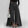Women Pants High Waist Buttons Zipper Closure Denim Pants with Pockets Irregular Large Hem Wide Leg Solid Color Casual
