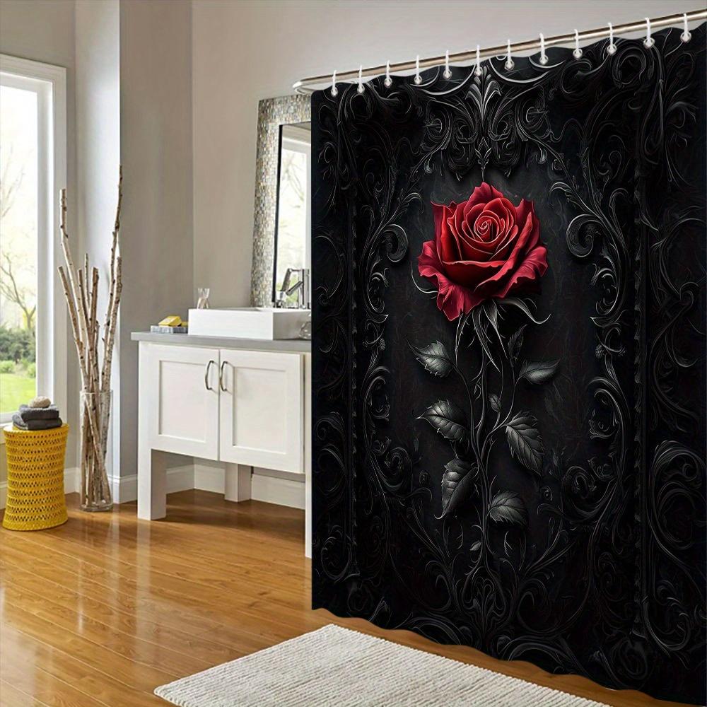 Gothic Red Rose Shower Curtain - Elegant Black Polyester, 3D Floral Design, 12 Hooks, Dramatic Ornate Decor