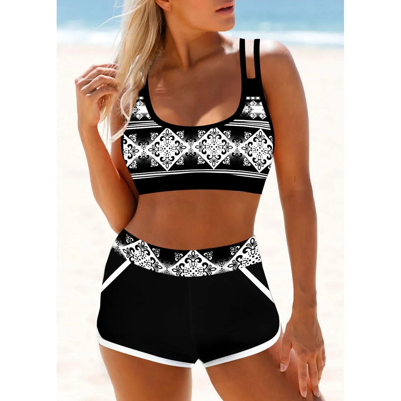 

Летний модный дизайн, женский комплект бикини из двух предметов, купальник с принтом, спортивная пляжная одежда на шнуровке, S-5XL 5XL