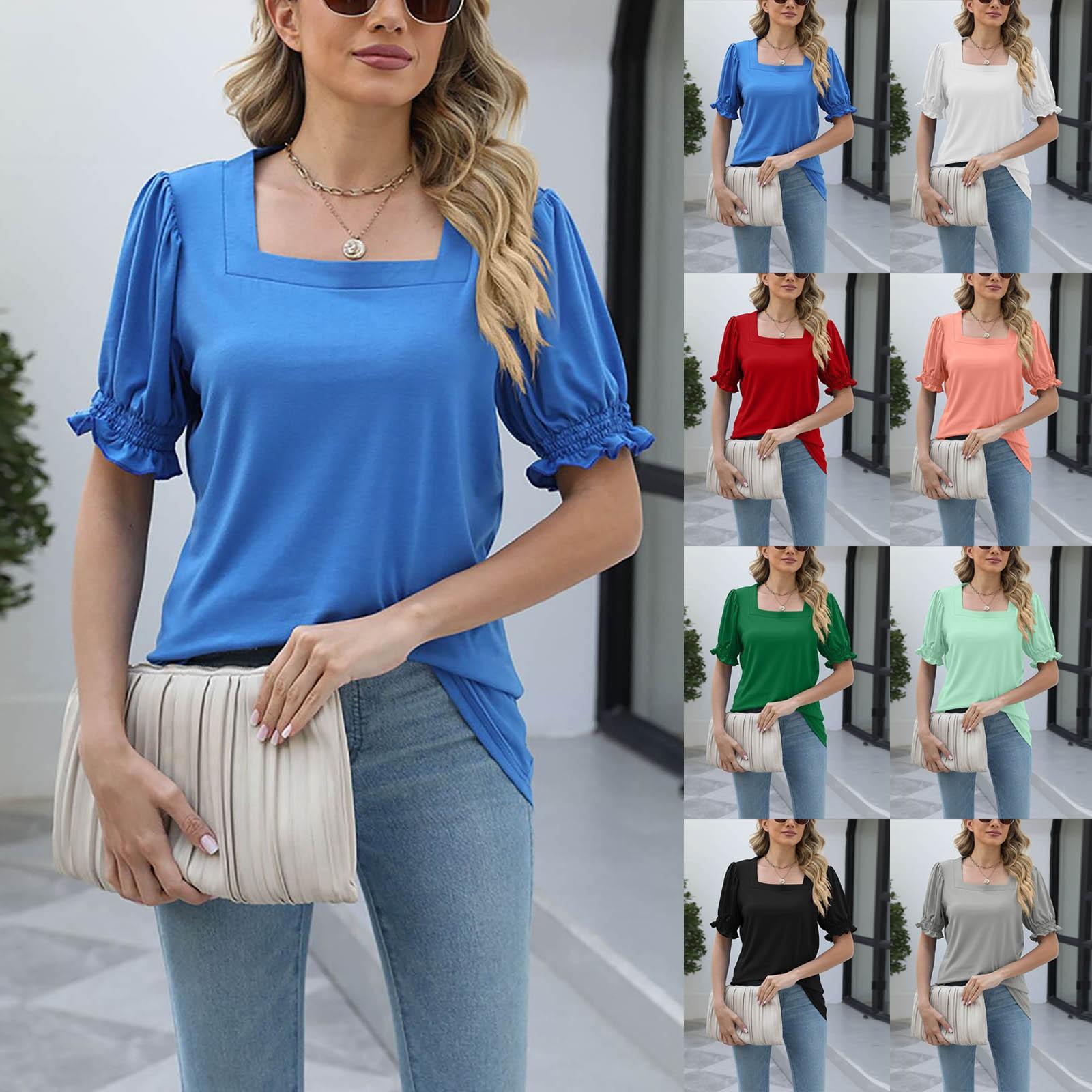 

(Qunide) Women s Solid Color Square Neck Pleated Short Sleeve Loose Top
