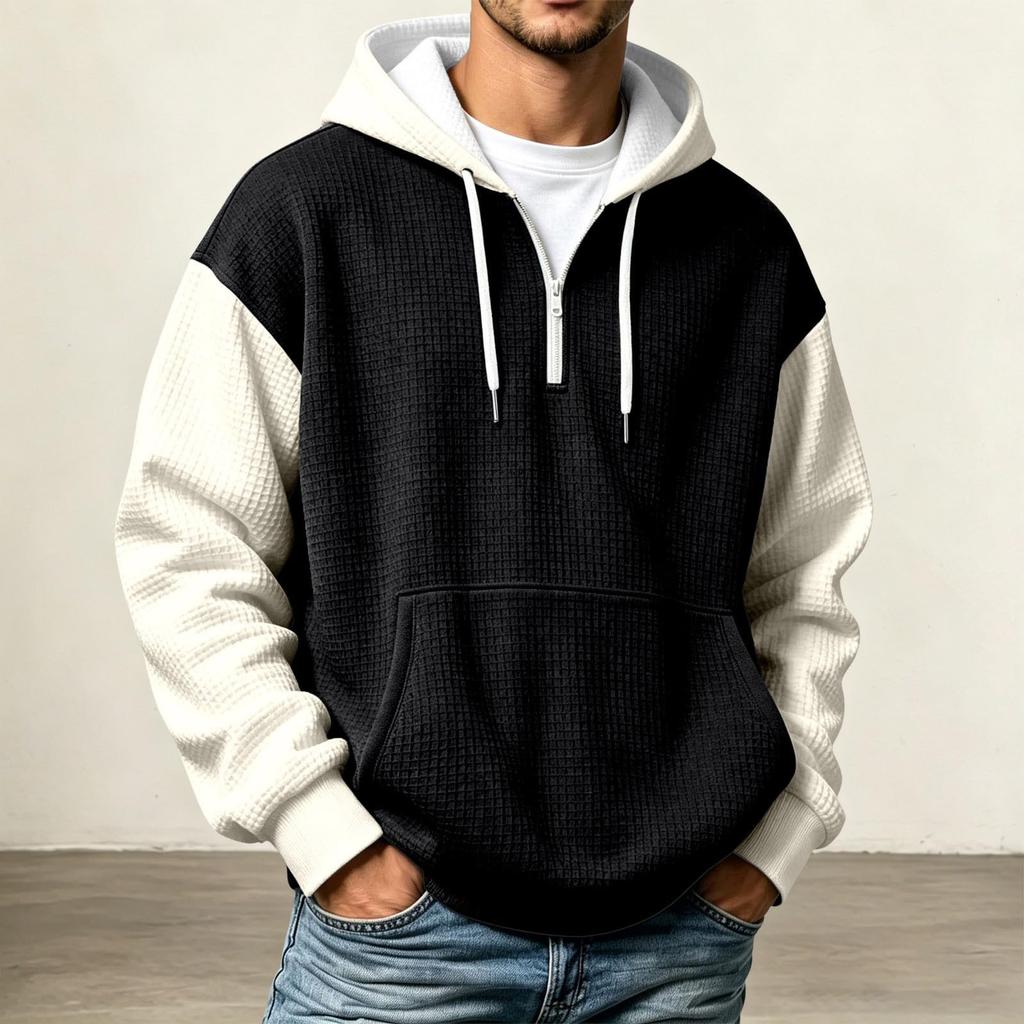 Men's Half-Zip Hooded Sweatshirt Knit Color Block Casual Pullover