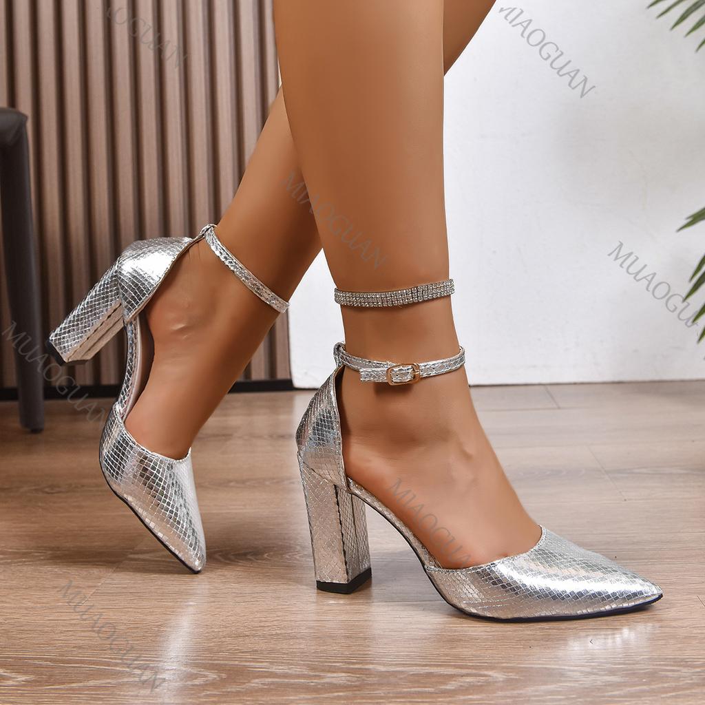 Fashion Women High Heel Shoes Sexy Pointed Toe Shallow Mouth Versatile Autumn Pumps Fashion Ankle Buckle Strap Chunky Heeled Ladies Shoe