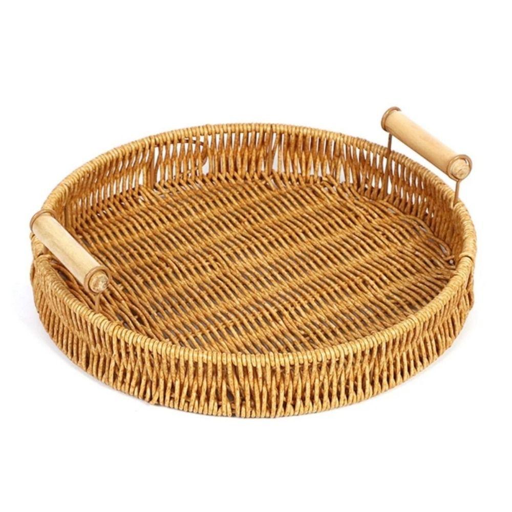 1Pcs Breakfast Bread Food Storage Tray Round Shape Plastic Rattan Threads Basket